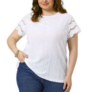 Plus Size Round Neck Lace Panel Hollow Dressy Eyelet Blouse White